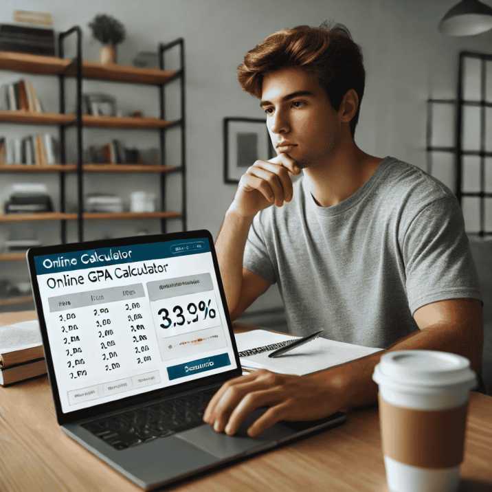 This tool is a GPA calculator, calculate GPA online, student grade tracker, academic performance A student using an online GPA calculator on a laptop, analyzing grades and coursework.