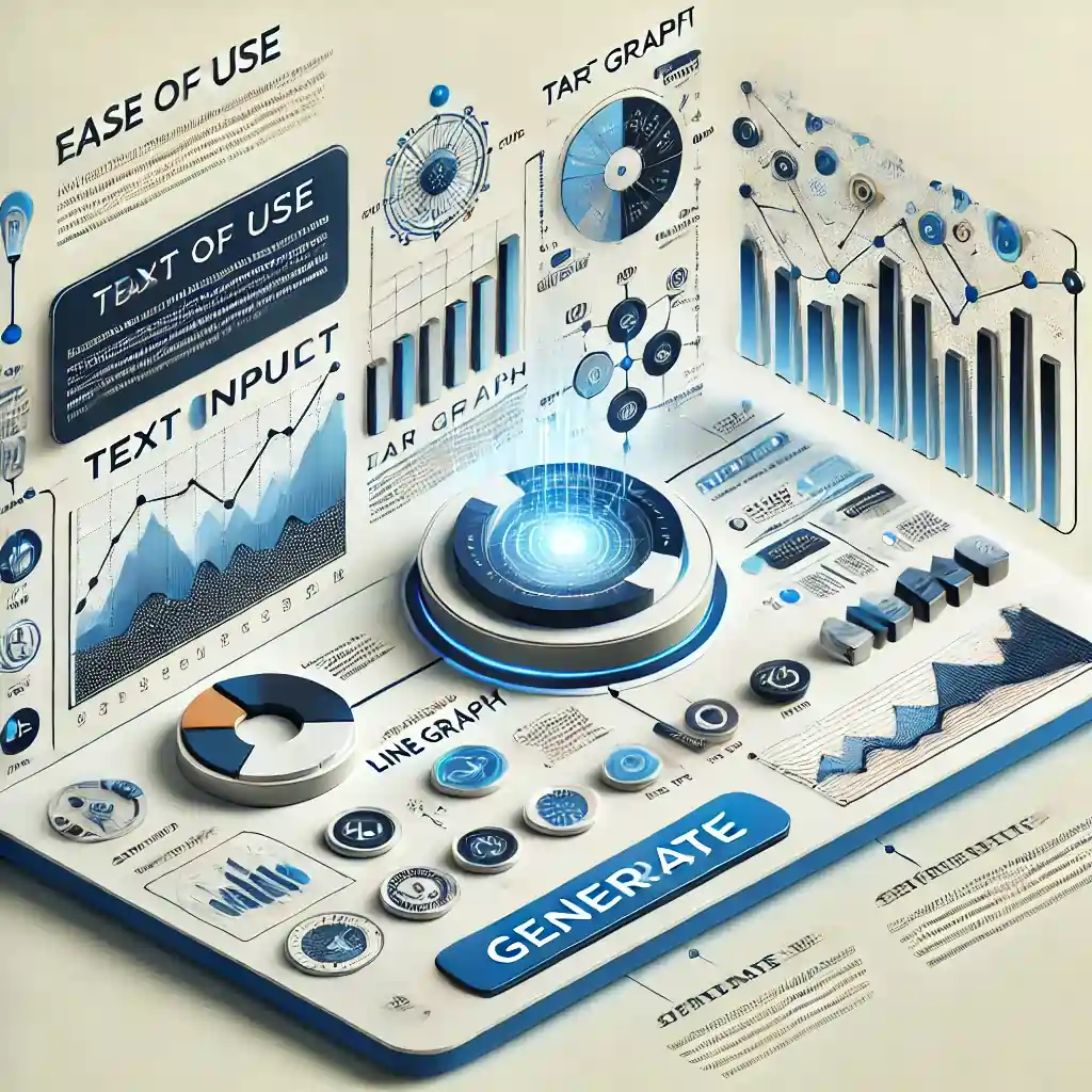 Infographic illustrating how text is converted into a graph, featuring a text input box, bar graph, line chart, pie chart, and a generate button with a clean blue and white design.