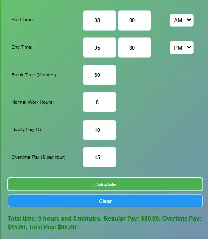 Hours calculator include all features include Total time, Regular Pay, Overtime pay and Total pay.