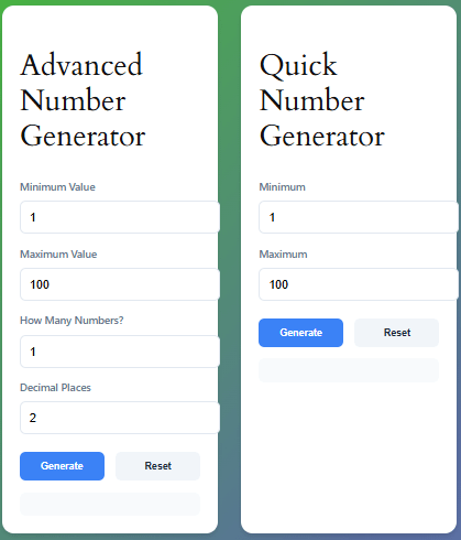 Advanced random number generator tool with custom range, decimal precision, and bulk generation options
