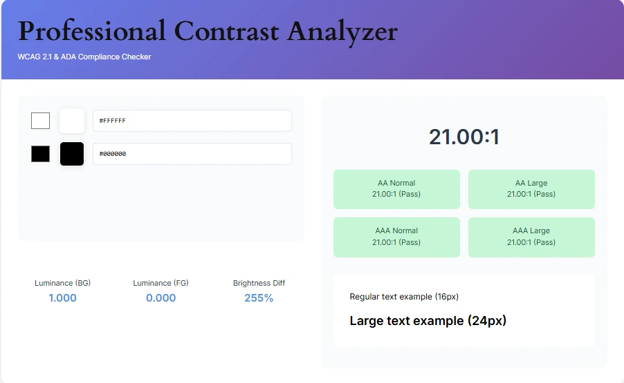 Interactive Color Contrast Analysis Tool Color contrast analyzer interface showing real-time WCAG compliance verification