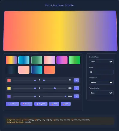 CSS gradient generator interface with color pickers and export in different format.