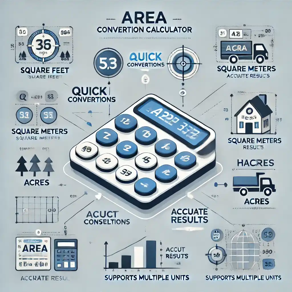 features of area conversition calculator An informative infographic about the Area Conversion Calculator showing land measurement units like square feet, square meters, acres, and hectares with conversion features.