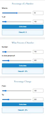 User-friendly percentage calculator for quick and accurate calculations. Online percentage calculator interface displaying different percentage calculations, including percentage of a number, percentage change, and what percent of another number.