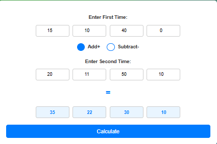 Use this Time Calculator to add or subtract time in days, hours, minutes, and seconds. Time Calculator for adding and subtracting days, hours, minutes, and seconds.