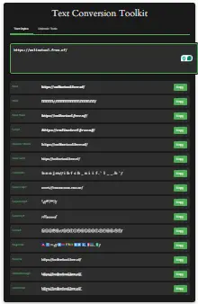 Advanced text style converter interface showing bold, italic, and small caps text generation with real-time Unicode preview panel