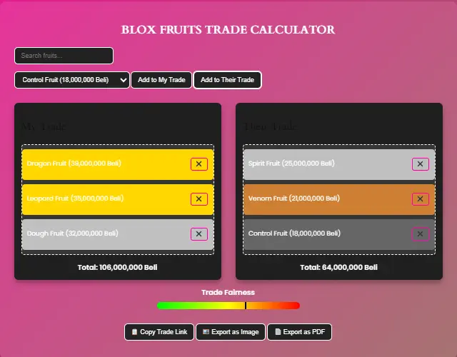 Blox Fruits 2023 Trade Calculator Preview, Win/Fair/Lose Trade Checker, Save/Share Trade Results Blox Fruits Trade Calculator showing fairness meter and Beli values with W/F/L trade fairness meter for Blox Fruits trades. Export Blox Fruits trades as PDF or image.