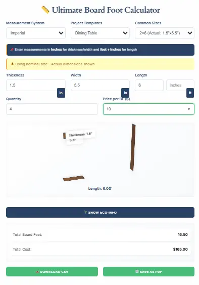 Board Foot Calculator Interface Screenshot of board foot calculator interface showing lumber measurement inputs and 3D visualization