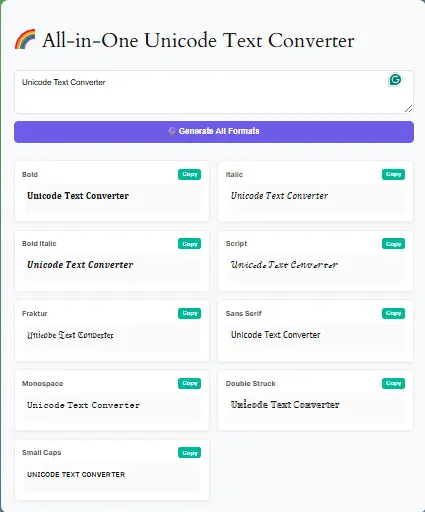 Preview Our Unicode Text Conversion Tool - Try Now! Unicode text conversion interface showing bold, italic, and fraktur style options for social media platforms