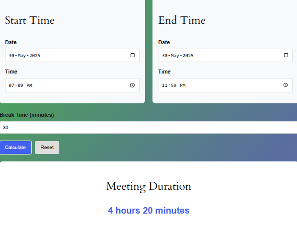 Calculate your meeting time easily with this free online tool Free online meeting duration calculator tool to calculate time between meetings quickly and accurately.