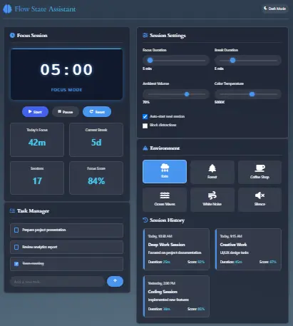 Flow State Assistant - Ultimate Focus Enhancement Tool Flow State Assistant interface showing focus timer, task manager, and environment controls for deep work sessions
