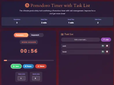 Pomodoro timer with customise task list Tool interface show Pomodoro timer with task list and a stopwatch