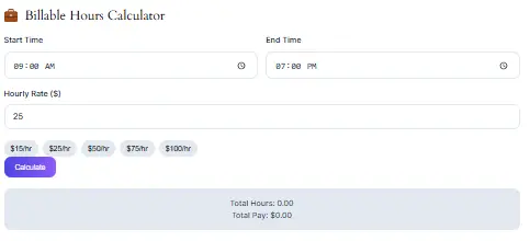 Billable Hours Calculator - Freelance Time Tracking Interface Billable Hours Calculator interface with time tracking, rate calculation, and invoice generation features for freelancers