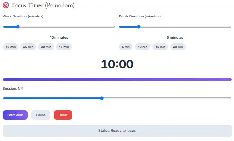 Focus Timer Interface - Pomodoro Productivity Tool Focus Timer tool interface implementing Pomodoro Technique with work sessions, break intervals, and productivity tracking