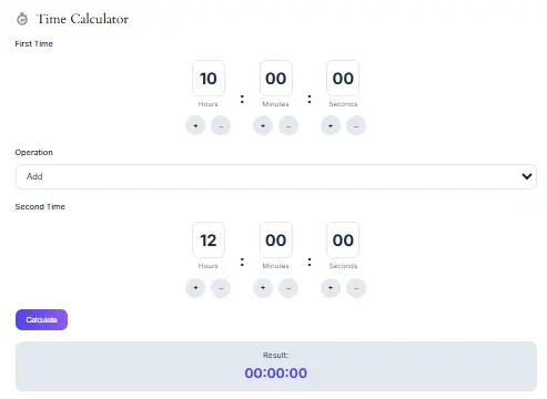 Time Calculator Interface - Add/Subtract Hours & Minutes Time Calculator tool interface showing time addition and subtraction functionality with hours and minutes input fields