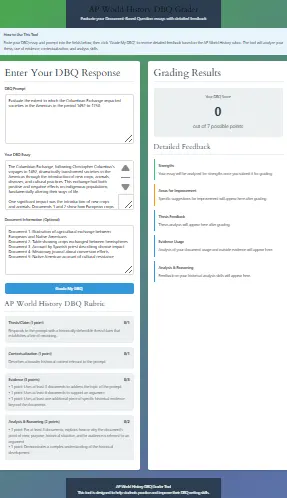 AP World History DBQ Grader tool interface showing essay grading and feedback