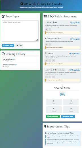 AP World History LEQ Grader interface showing rubric scoring and essay feedback