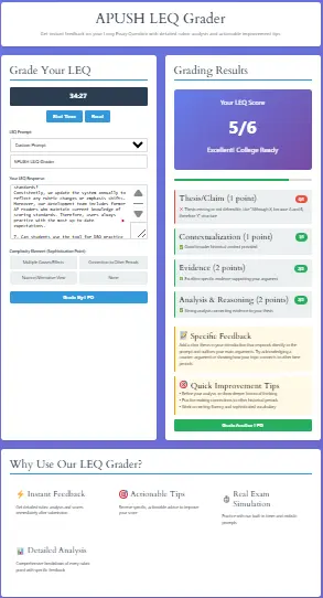 APUSH LEQ Grader - Instant Essay Feedback Tool APUSH LEQ Grader tool interface showing essay grading and feedback