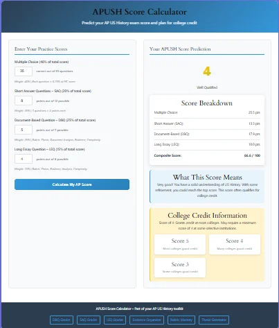 APUSH Score Calculator - Free AP US History Exam Score Prediction Tool APUSH Score Calculator interface showing exam score prediction tool