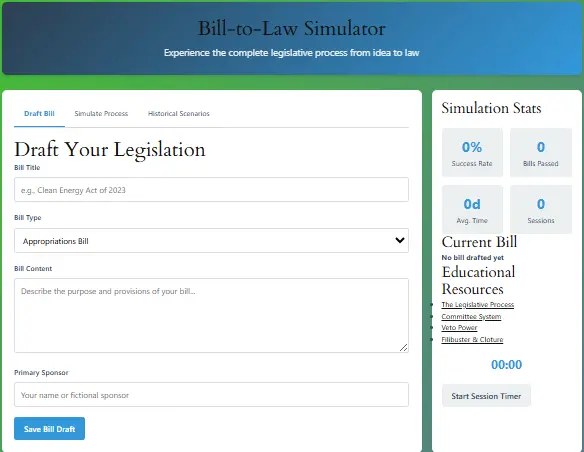 Bill-to-Law Simulator - Interactive US Legislative Process Educational Tool Interactive Bill-to-Law Simulator showing legislative process steps from introduction to presidential action