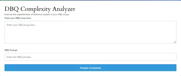 Screenshot of DBQ Complexity Analyzer showing essay feedback and complexity scoring