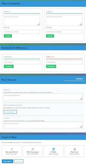 LEQ Comparison Tool - Free Compare and Contrast Essay Organizer LEQ Comparison Tool interface showing compare and contrast essay organizer with point-by-point and block method structures
