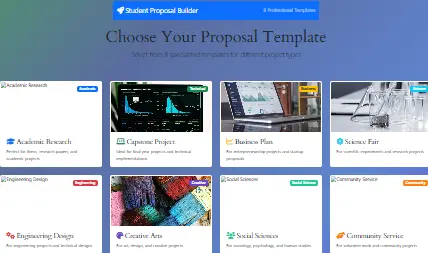 Student Project Proposal Builder - Academic Planning Tool Student Project Proposal Builder tool interface showing step-by-step form