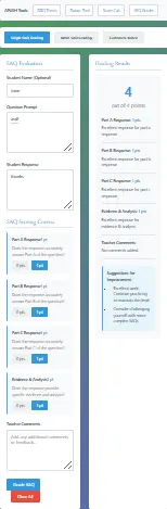 APUSH SAQ Grader Tool - Free Short Answer Question Feedback for AP US History APUSH SAQ Grader tool interface with text input and instant feedback system for Short Answer Questions