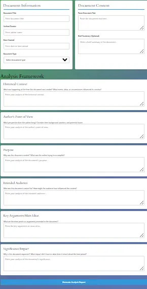 Document Analysis Helper interface showing word count, character count, and text analysis metrics for history students