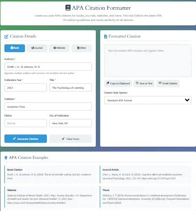 Free APA Citation Generator Tool - Create Accurate References Instantly APA 7th Edition Citation Generator tool interface showing citation form fields and output options