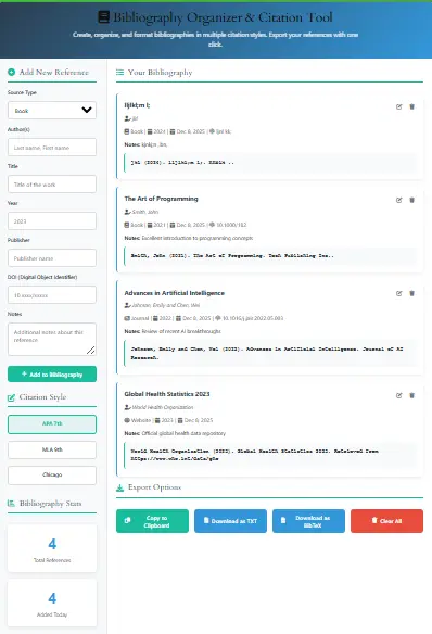 Bibliography Organizer & Citation Tool Interface Screenshot showing APA MLA Chicago citation generator, bibliography management tool with reference organization features