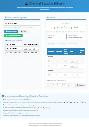 Chemical Equation Balancer tool interface showing balanced chemical equation with stoichiometry calculator