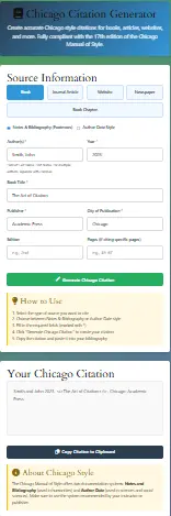Free Chicago Citation Generator - Accurate Chicago Style Formatting - Try Now Chicago Citation Generator Interface - Create Accurate Bibliographies Instantly