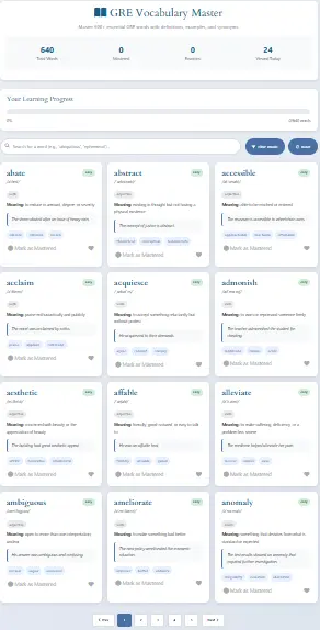 	GRE Vocabulary Master Tool Interface showing word definitions, examples, and synonyms for test preparation.