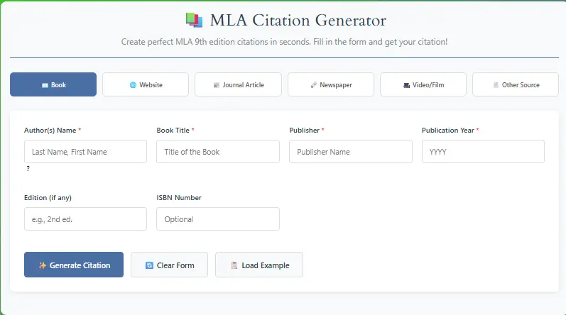 MLA Citation Generator Tool - Easy Source Formatting Interface MLA Citation Generator tool interface showing source input fields and formatted citation preview