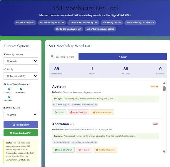 SAT Vocabulary Tool Dashboard: Track known words and download your PDF Student using the interactive SAT vocabulary list tool on a laptop
Screenshot showing the download button for the free SAT Vocabulary List 2025 PDF
Progress dashboard of the Digital SAT vocabulary practice tool tracking known words
Visual comparison of a strong vs. weak SAT vocabulary study method