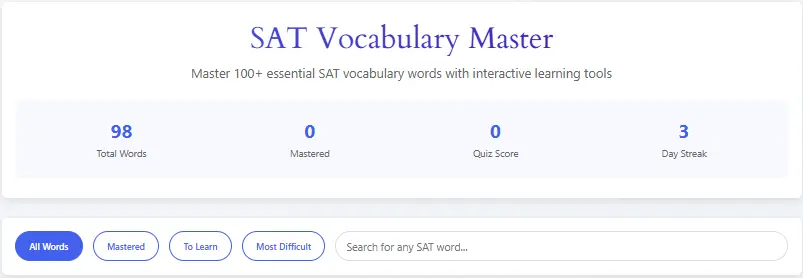 Free SAT Vocabulary Tool showing interactive word cards and progress dashboard