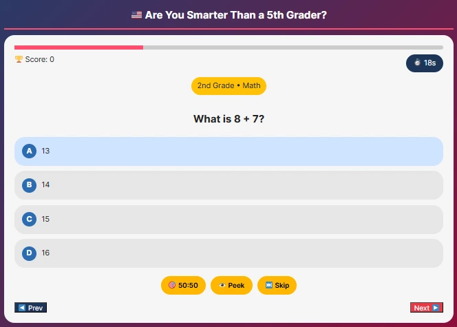 Are you smarter than a 5th grader questions quiz tool with interactive school level trivia game