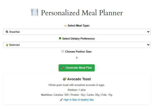 A vibrant collage of healthy balanced meals of Personalized Meal Planner, including fresh fruits, vegetables, lean proteins, whole grains, and nuts, promoting nutritious eating and a healthy lifestyle.