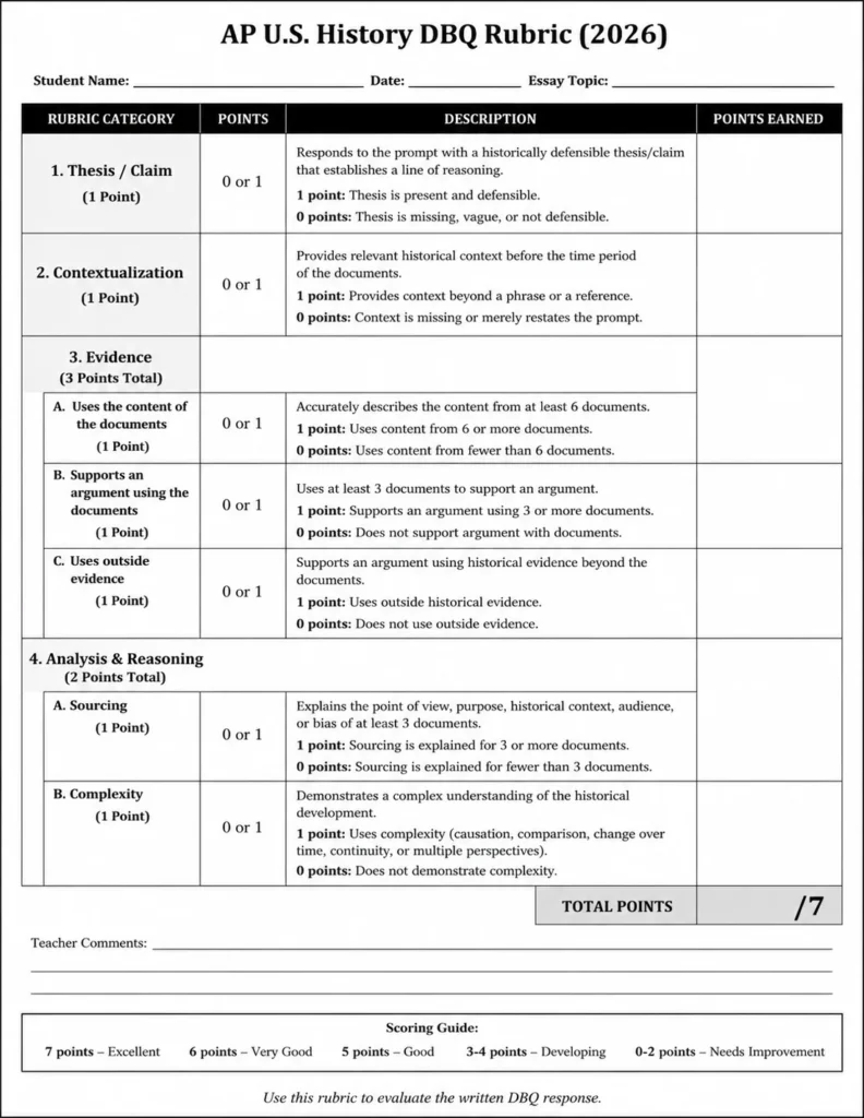APUSH DBQ Rubric Scoring Breakdown 2026 Explained APUSH DBQ rubric 2026 point breakdown showing thesis, contextualization, evidence, and complexity scoring