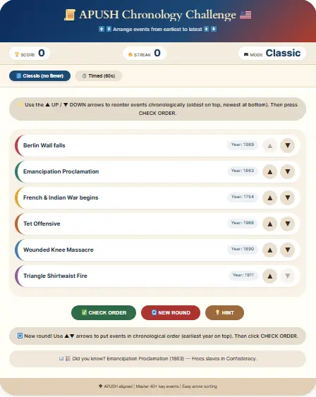Play the APUSH Chronology Challenge – arrange events from earliest to latest Interactive APUSH timeline practice game showing six historical events with up/down arrows to reorder them chronologically