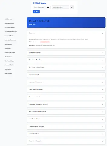 APUSH Master Study Guide Interactive Learning Dashboard Interactive APUSH study guide tool showing U.S. history units, timeline, vocabulary, and exam checklist for APUSH exam preparation