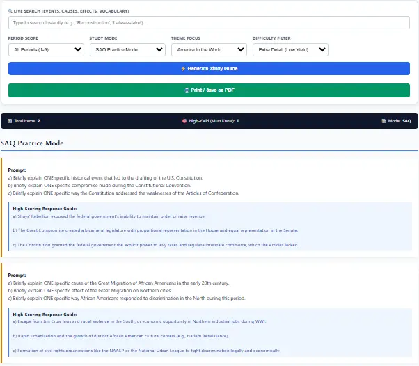 Interactive APUSH timeline generator showing Period 3 events with causes, effects, and DBQ strategy filters for AP US History exam prep