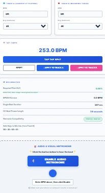 Free DJ Beat Match Calculator Tool Screenshot of the free DJ beat match calculator showing BPM, pitch shift, and Camelot key features