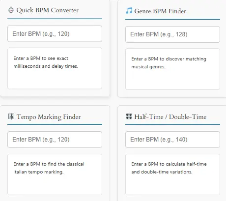 A digital workspace showcasing free BPM tools, including a metronome, tap tempo, and delay calculator for music producers.