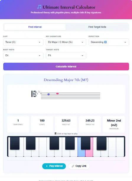 Free online music interval calculator displaying a playable virtual piano, dynamic sheet music notation, and precise semitone calculations for music theory students.