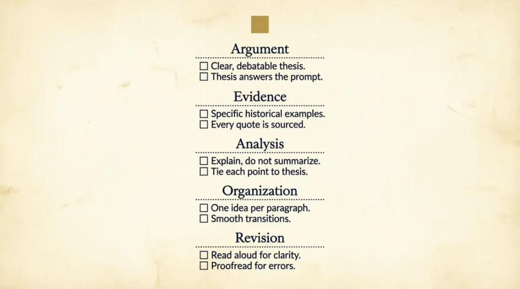Printable APUSH essay checklist covering argument, evidence, and revision