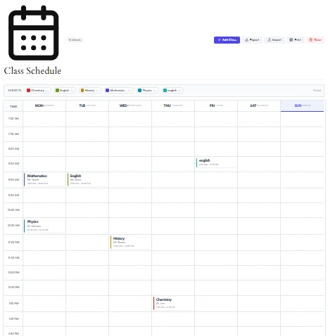 Class schedule optimizer online free tool interface showing weekly timetable with colored class blocks and statistics dashboard