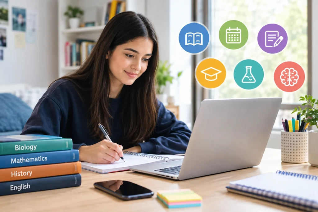 Student using online study tools for studying and academic planning