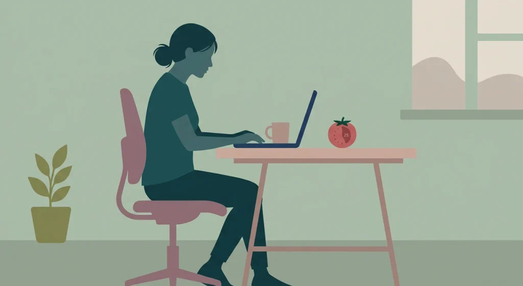 Illustration of a person focused at a desk with a timer, representing Pomodoro and focus productivity tools